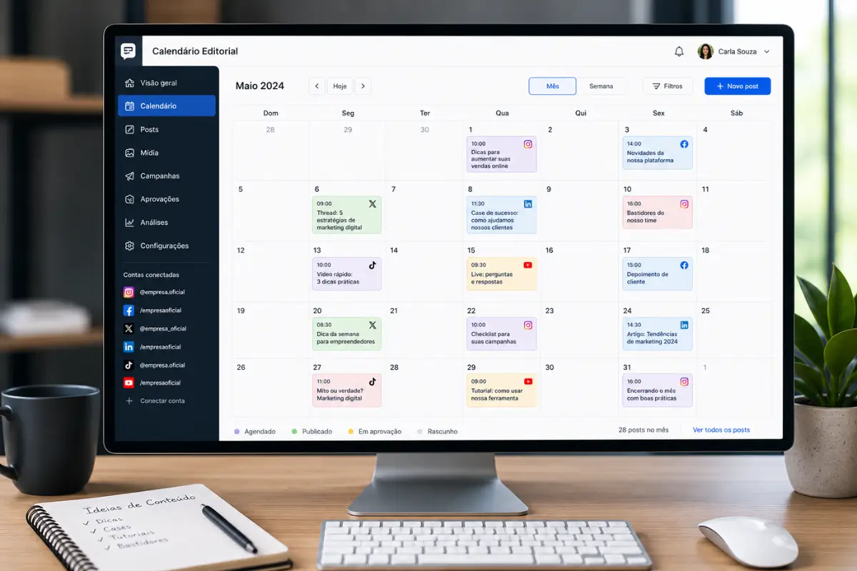 Calendário editorial redes sociais automação publicação mensal