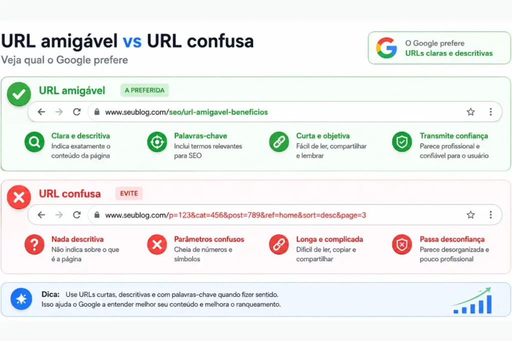 Exemplo URL otimizada SEO comparação boas práticas