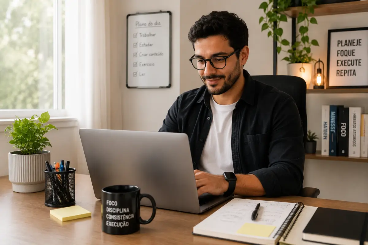 Pessoa trabalhando marketing digital home office renda online