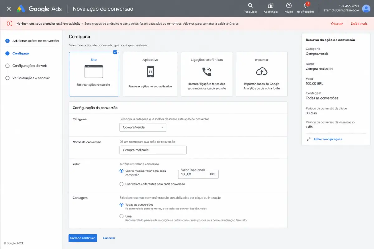 Print da tela de configuração de conversões no painel do Google Ads
