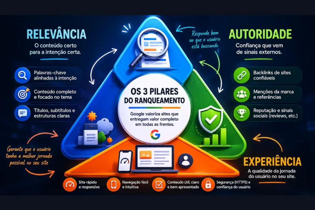 Três pilares ranqueamento Google relevância autoridade experiência 2026