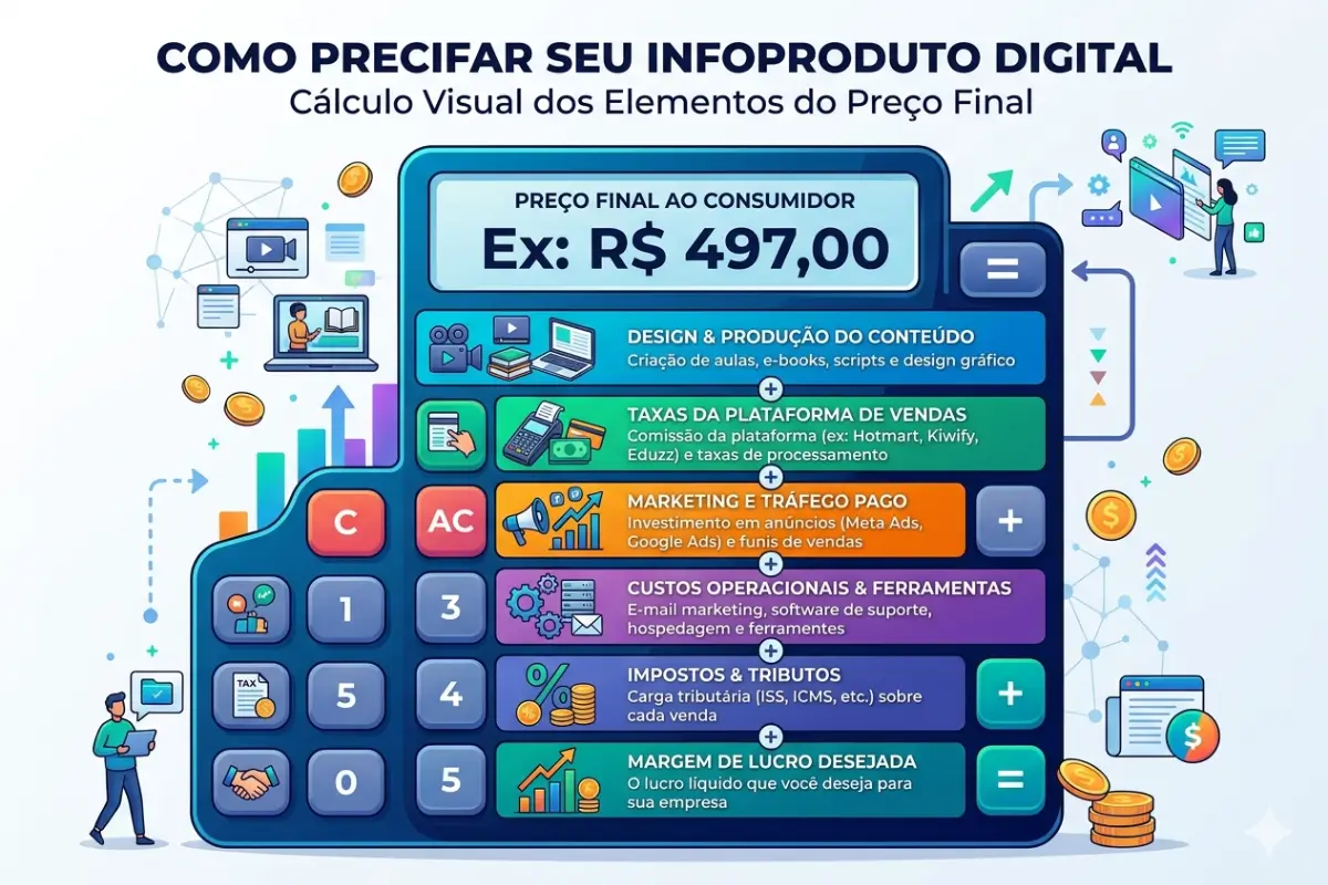 Negócios Digitais: O Guia Definitivo para Estruturar e Escalar na Internet 6 Calculadora visual simplificada mostrando os elementos que compõem o preço final de um infoproduto digital