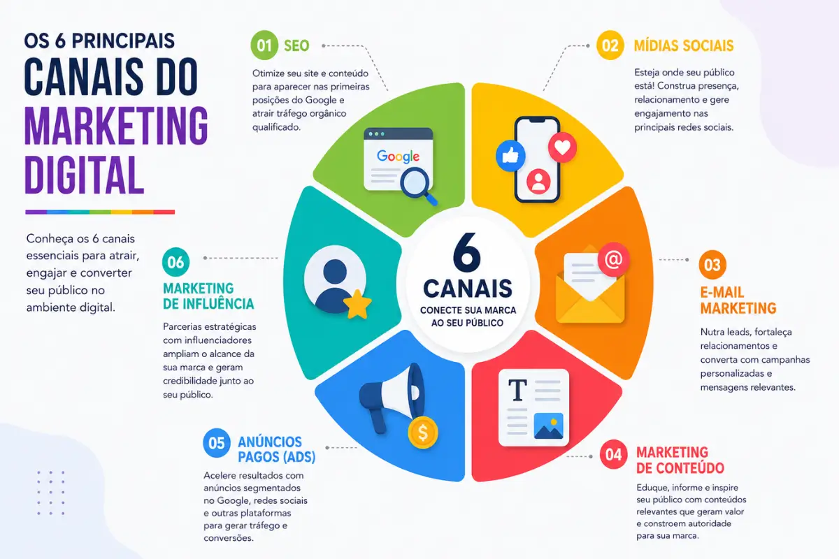 O Que é Marketing Digital? Guia Completo para Iniciantes: Conceitos, Estratégias e Exemplos Reais 4 Canais marketing digital SEO tráfego pago redes sociais email marketing conteúdo