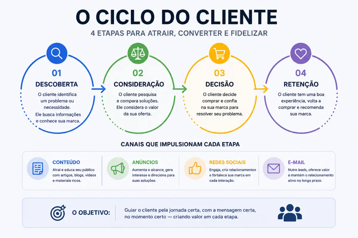 Marketing Digital de Ponta a Ponta: As 5 estratégias validadas para este ano 2 Ciclo do cliente marketing digital de ponta a ponta quatro etapas
