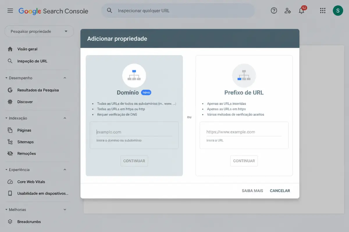 Google Search Console: Guia Completo para Iniciantes e Avançados 3 Como adicionar propriedade google search console domínio prefixo url