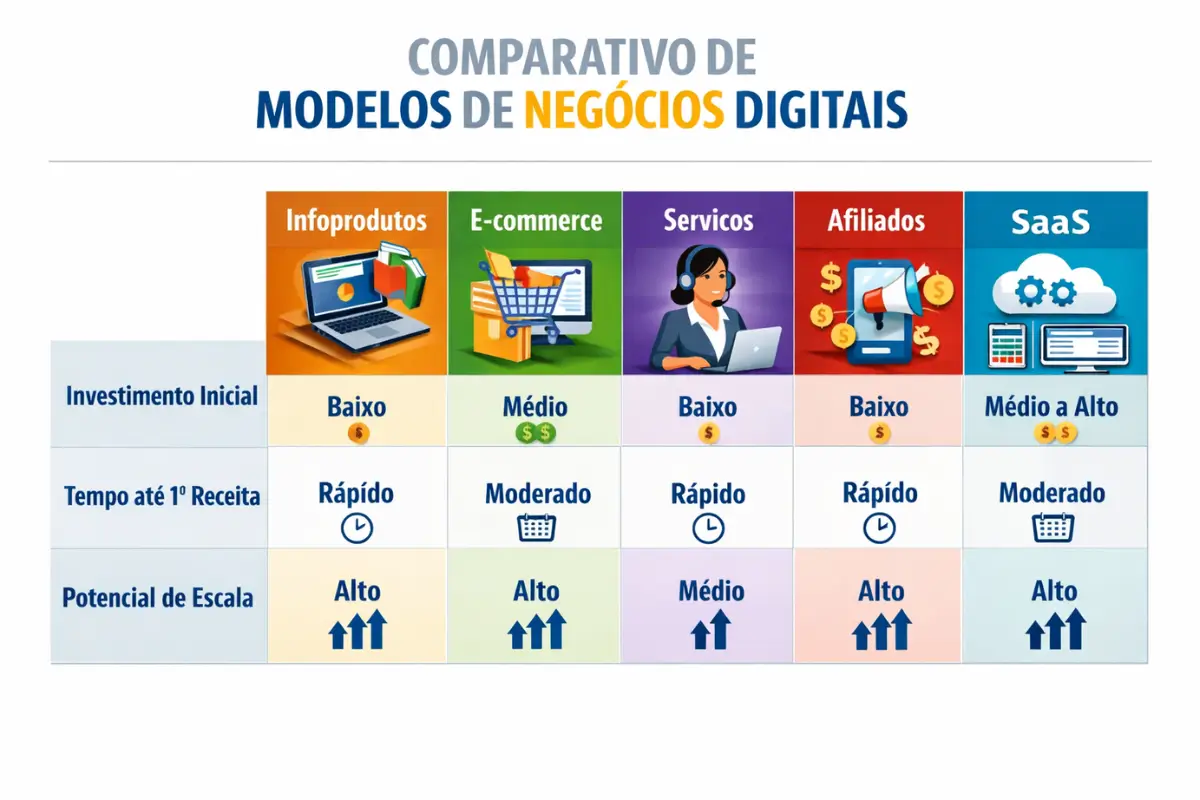 Negócios Digitais: O Guia Definitivo para Estruturar e Escalar na Internet 2 Comparação modelos negócios digitais investimento escala