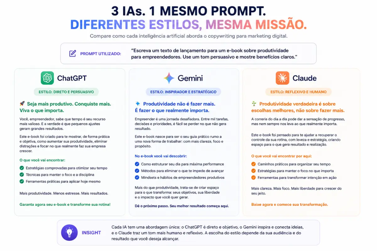 Comparação output texto chatgpt gemini claude copywriting
