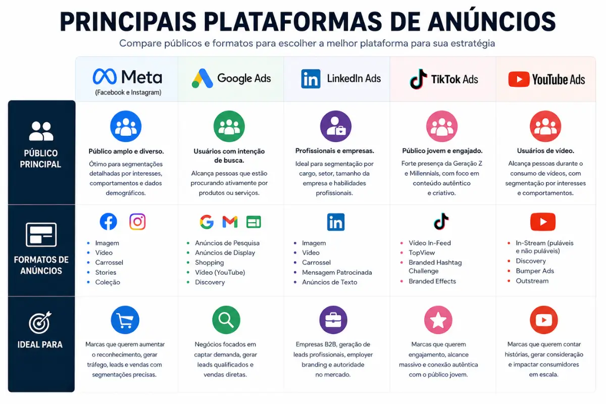 Tráfego Pago em 2026: O Guia Definitivo e Completo para Anunciar e Vender Online 3 Comparativo plataformas anúncios google meta tiktok linkedin