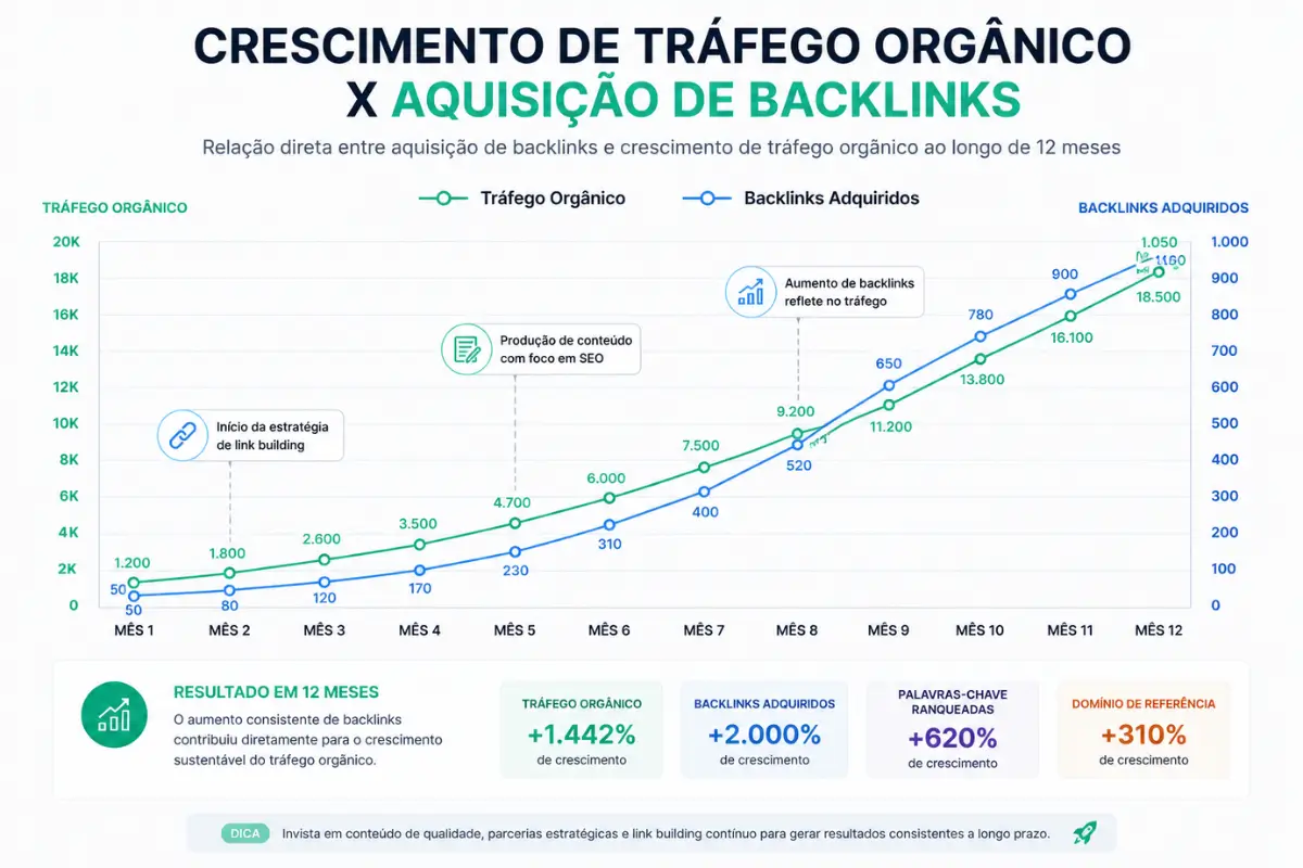Crescimento tráfego orgânico link building resultados 12 meses