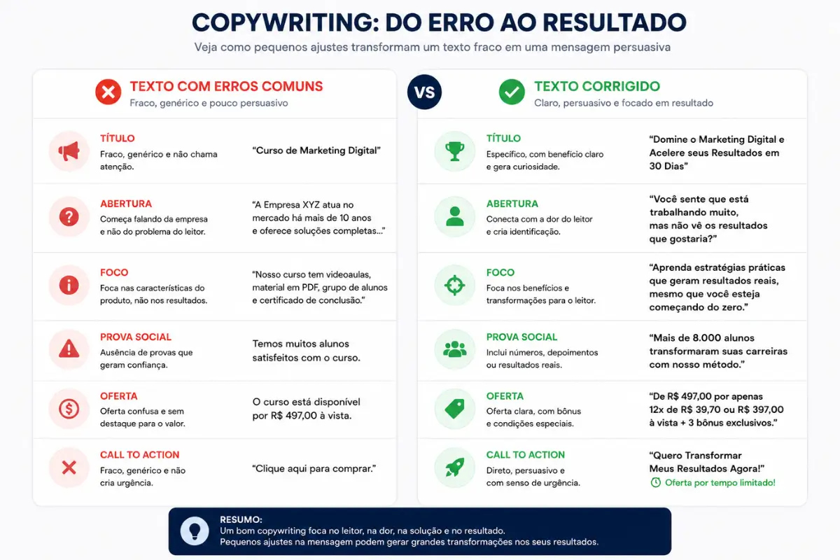 O Que é Copywriting e Como Aplicar a Escrita Persuasiva no Seu Negócio 5 Erros comuns copywriting comparação antes depois correção