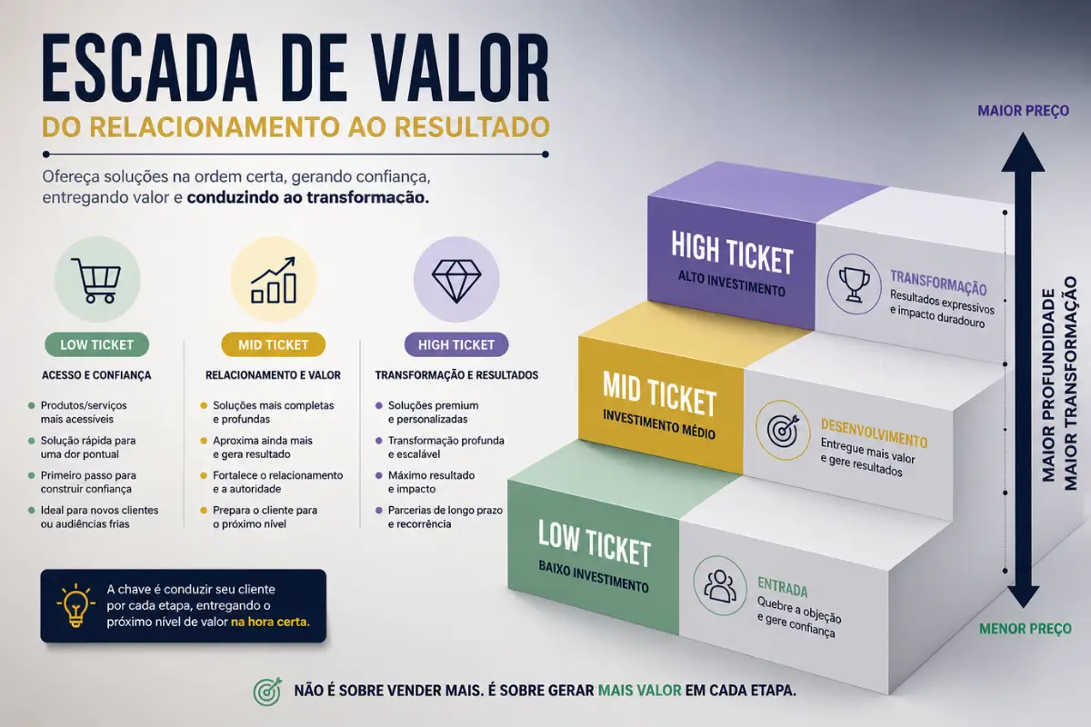 O Que é Low Ticket? O Guia Completo para Multiplicar Seus Clientes 2 Escada de valor low ticket mid ticket high ticket funil de vendas