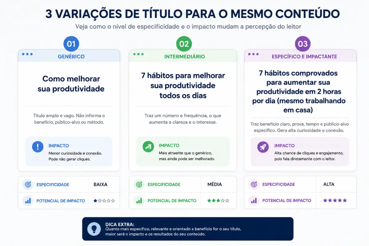 O Que é Copywriting e Como Aplicar a Escrita Persuasiva no Seu Negócio 4 Exemplos variações título copywriting especificidade impacto