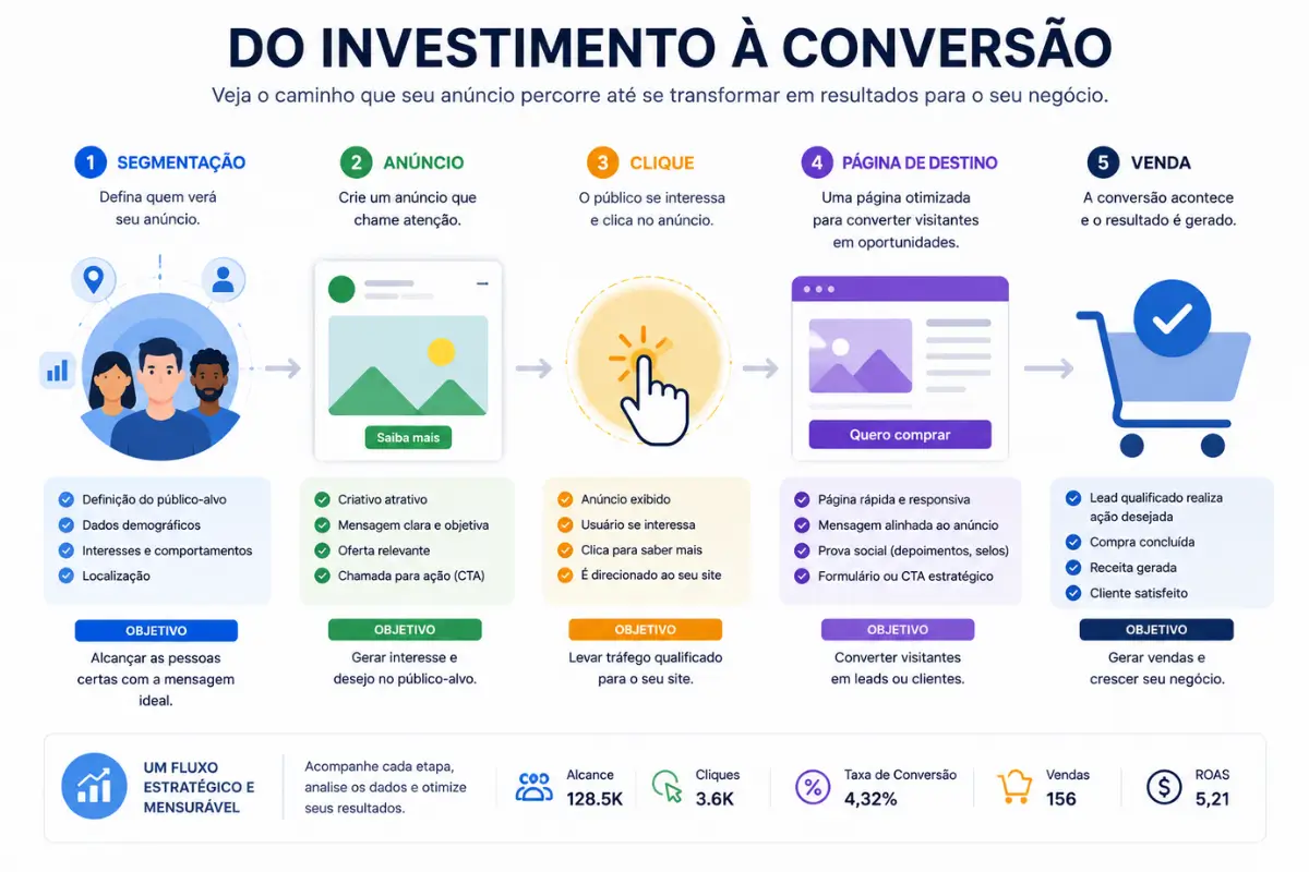 Tráfego Pago em 2026: O Guia Definitivo e Completo para Anunciar e Vender Online 2 Fluxo de campanha de tráfego pago do anúncio até a conversão