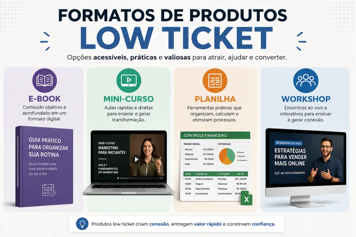 Estratégia Low Ticket: Como Transformar Produtos Acessíveis em Alto Lucro 4 Formatos produtos low ticket digital marketing digital Brasil