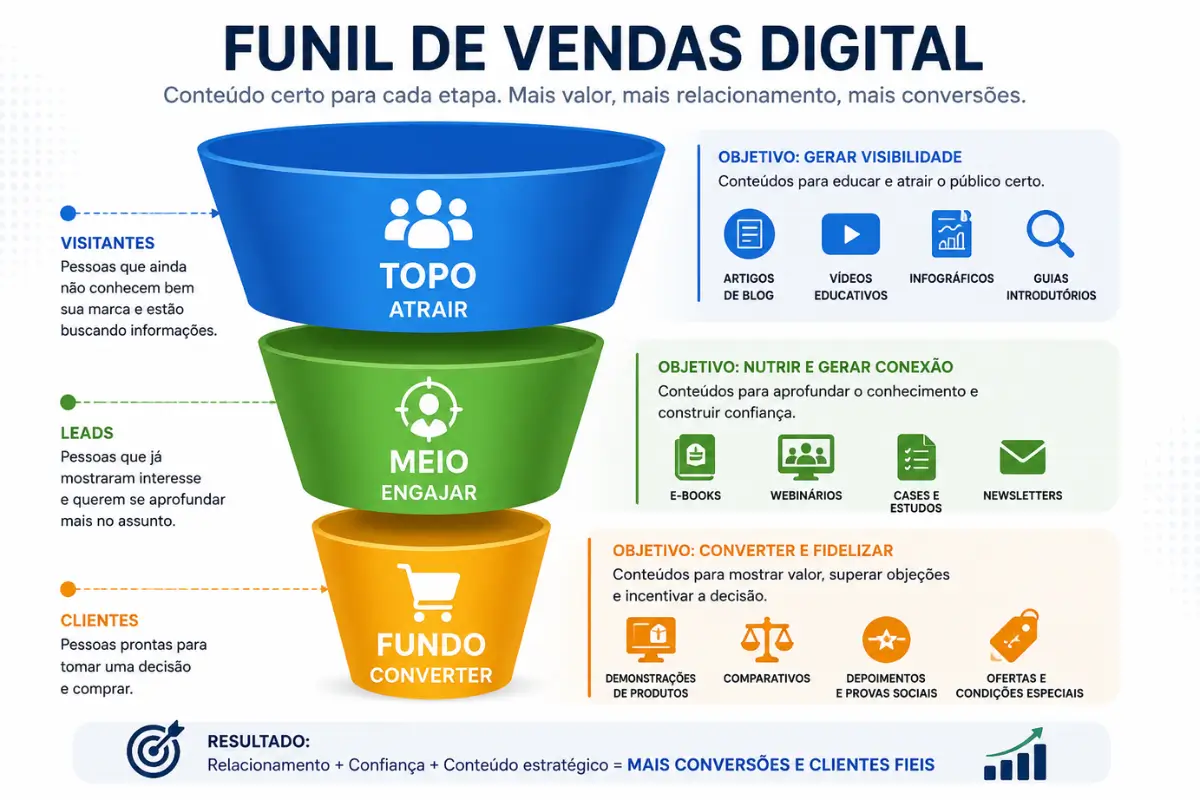 O Que é Marketing Digital? Guia Completo para Iniciantes: Conceitos, Estratégias e Exemplos Reais 5 Funil de vendas digital marketing topo meio fundo conteúdo
