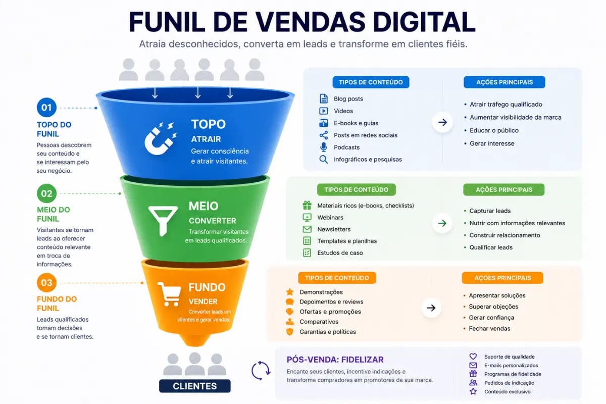 Marketing Digital: Guia Completo com Estratégias que Realmente Funcionam em 2026 6 Funil de vendas digital topo meio fundo conteúdo por etapa