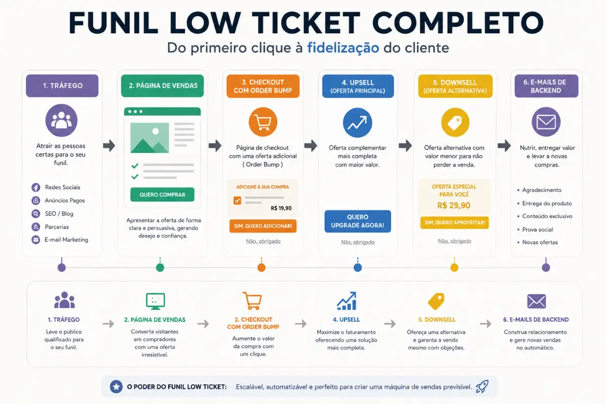 Estratégia Low Ticket: Como Transformar Produtos Acessíveis em Alto Lucro 5 Funil de vendas low ticket completo etapas marketing digital