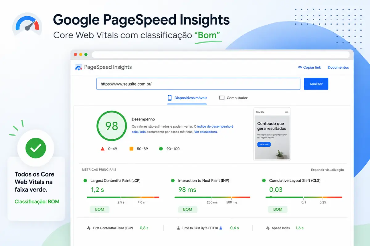SEO On-Page Checklist Completo: 25 Passos para Otimizar Seu Site e Ranquear no Google 5 Google PageSpeed Insights Core Web Vitals resultado bom site otimizado