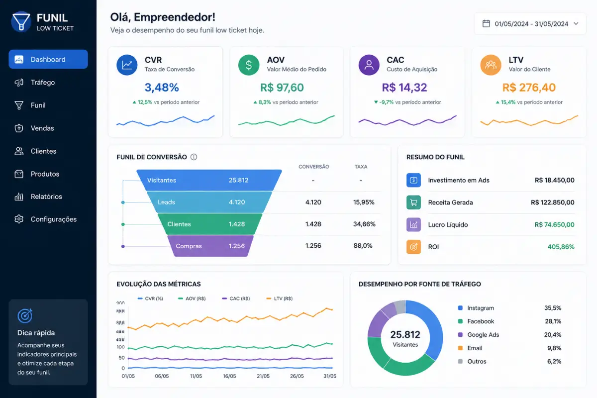 Estratégia Low Ticket: Como Transformar Produtos Acessíveis em Alto Lucro 7 Métricas funil low ticket dashboard marketing digital resultados