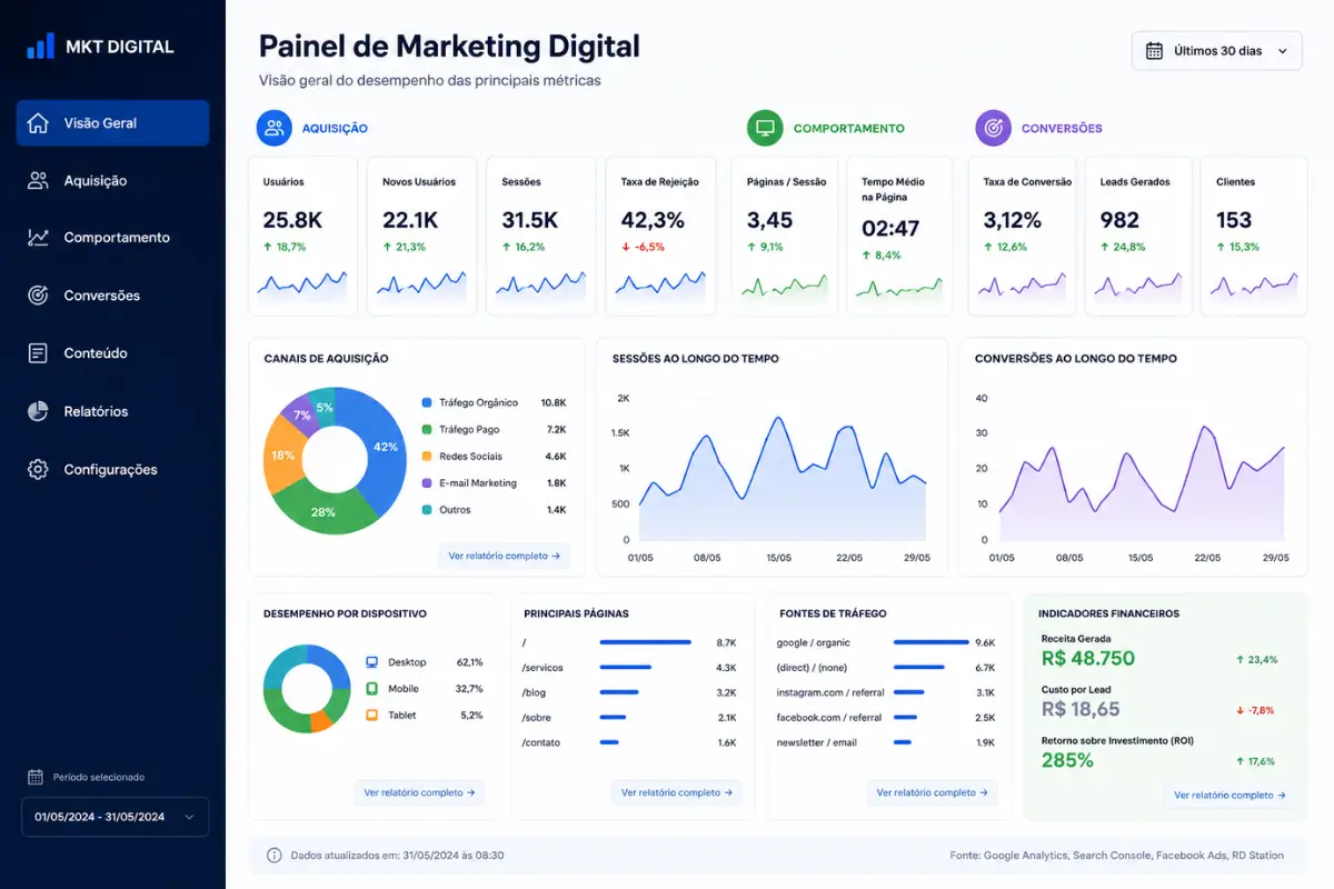 Marketing Digital: Guia Completo com Estratégias que Realmente Funcionam em 2026 7 Painel métricas marketing digital KPIs essenciais dashboard