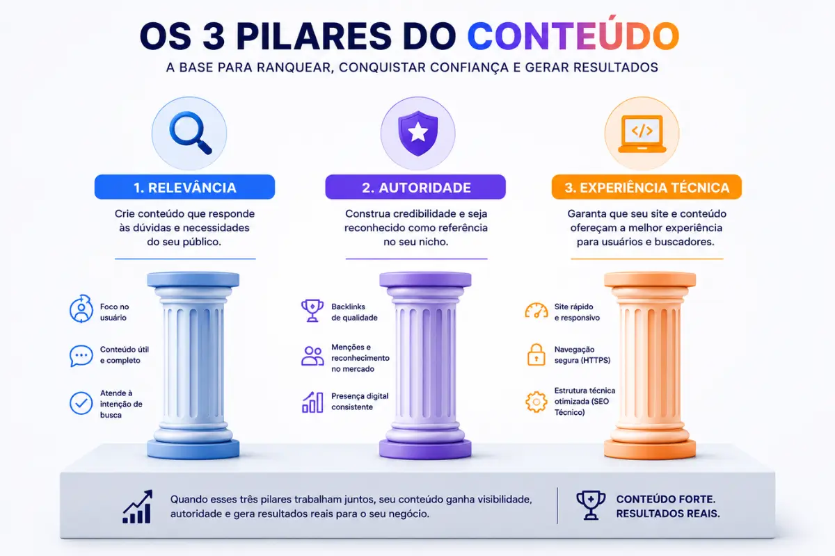 Pilares SEO 2026 relevância autoridade experiência técnica diagrama