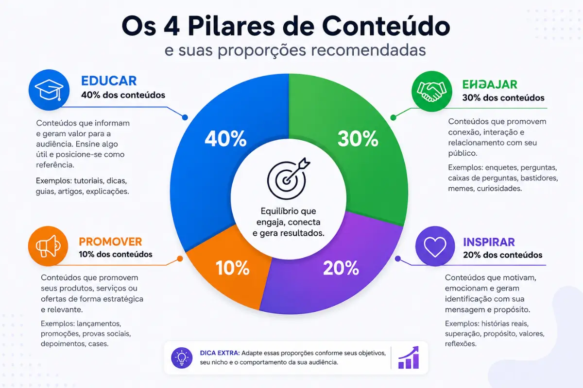 Marketing nas Redes Sociais: Estratégias Avançadas para Escalar seu Negócio Digital 4 Pilares de conteúdo redes sociais proporção estratégica