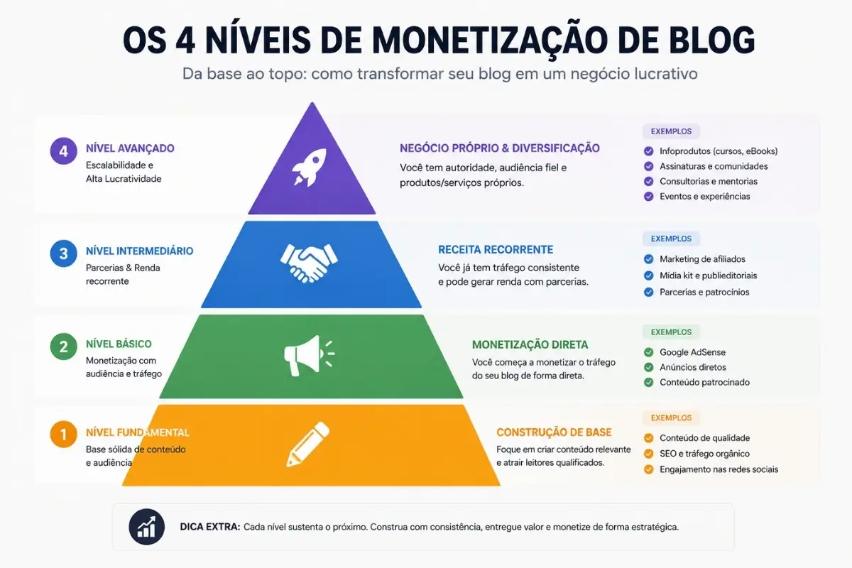 Como Monetizar um Blog: O Guia Definitivo de Receita para Negócios Digitais 6 Pirâmide monetização blog adsense afiliados infoprodutos assinatura