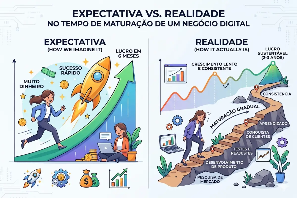 Negócios Digitais: O Guia Definitivo para Estruturar e Escalar na Internet 5 Ilustração comparando expectativa versus realidade no tempo de maturação de um negócio digital