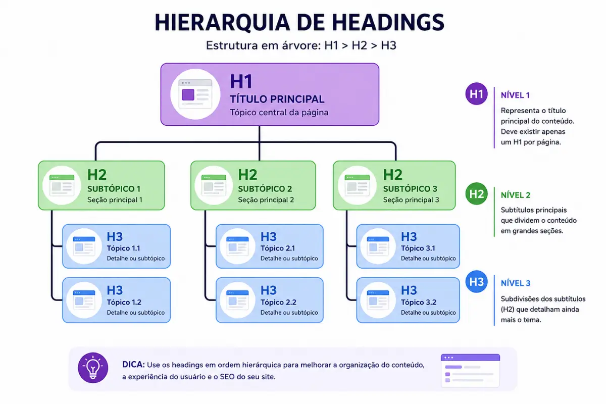 SEO On-Page Checklist Completo: 25 Passos para Otimizar Seu Site e Ranquear no Google 3 hierarquia headings H1 H2 H3 estrutura SEO on-page