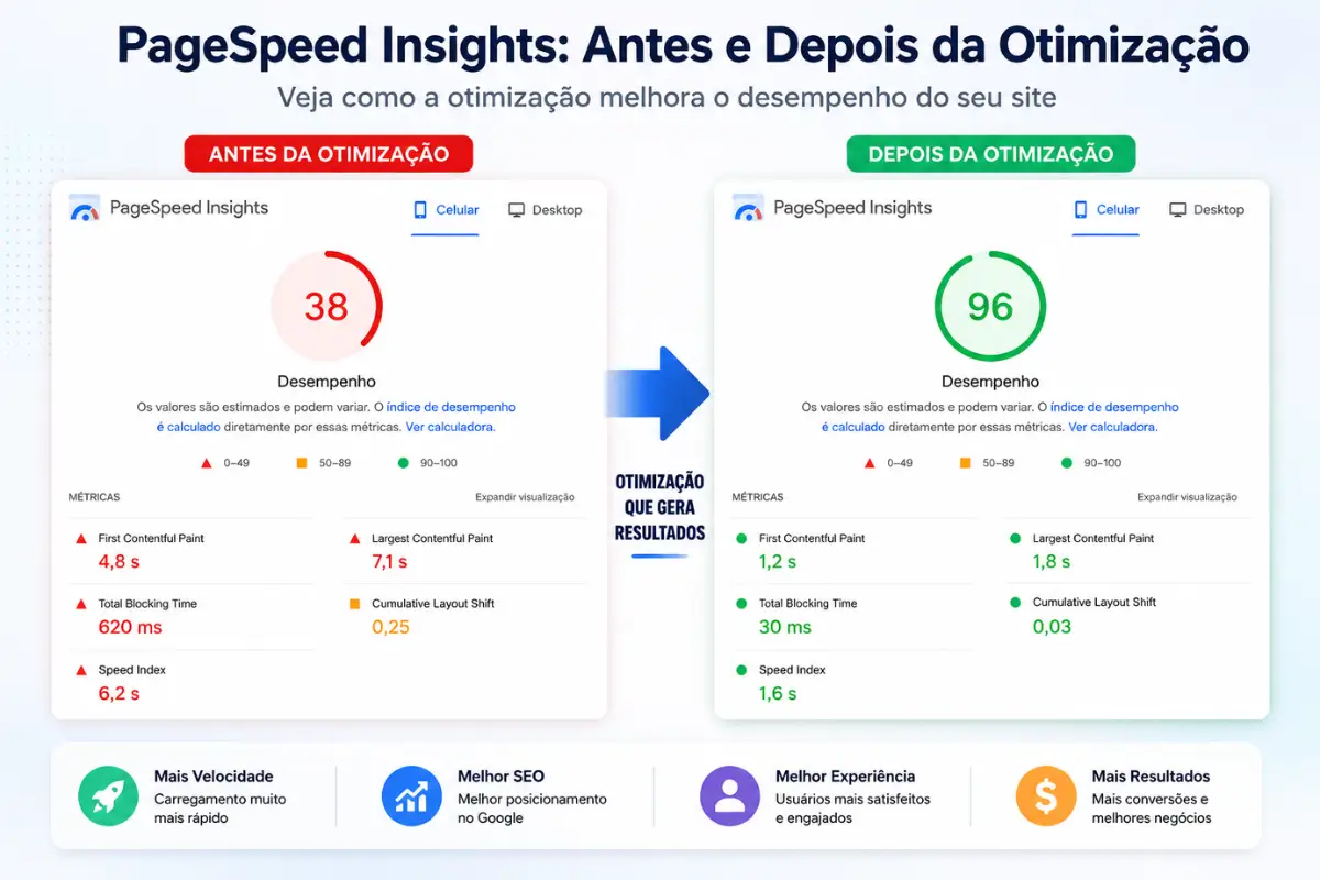 pagespeed insights antes depois otimizacao wordpress velocidade