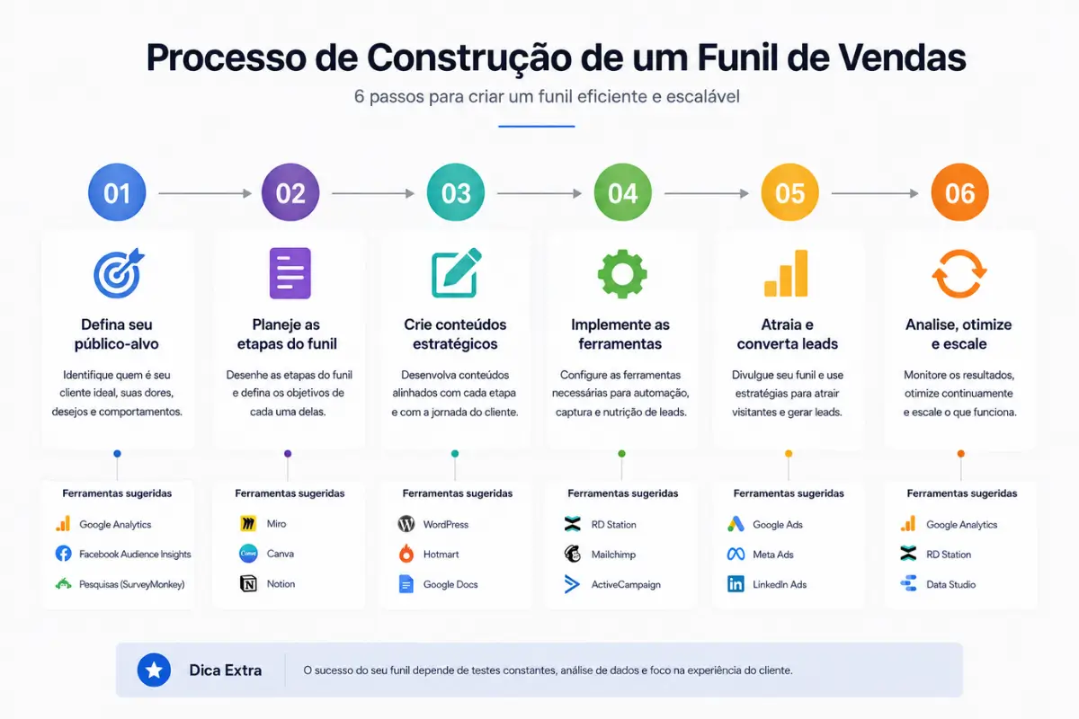 Funil de Vendas: O Guia Completo para Criar, Otimizar e Escalar suas Conversões (2026) 4 Como construir funil de vendas passo a passo ferramentas etapas