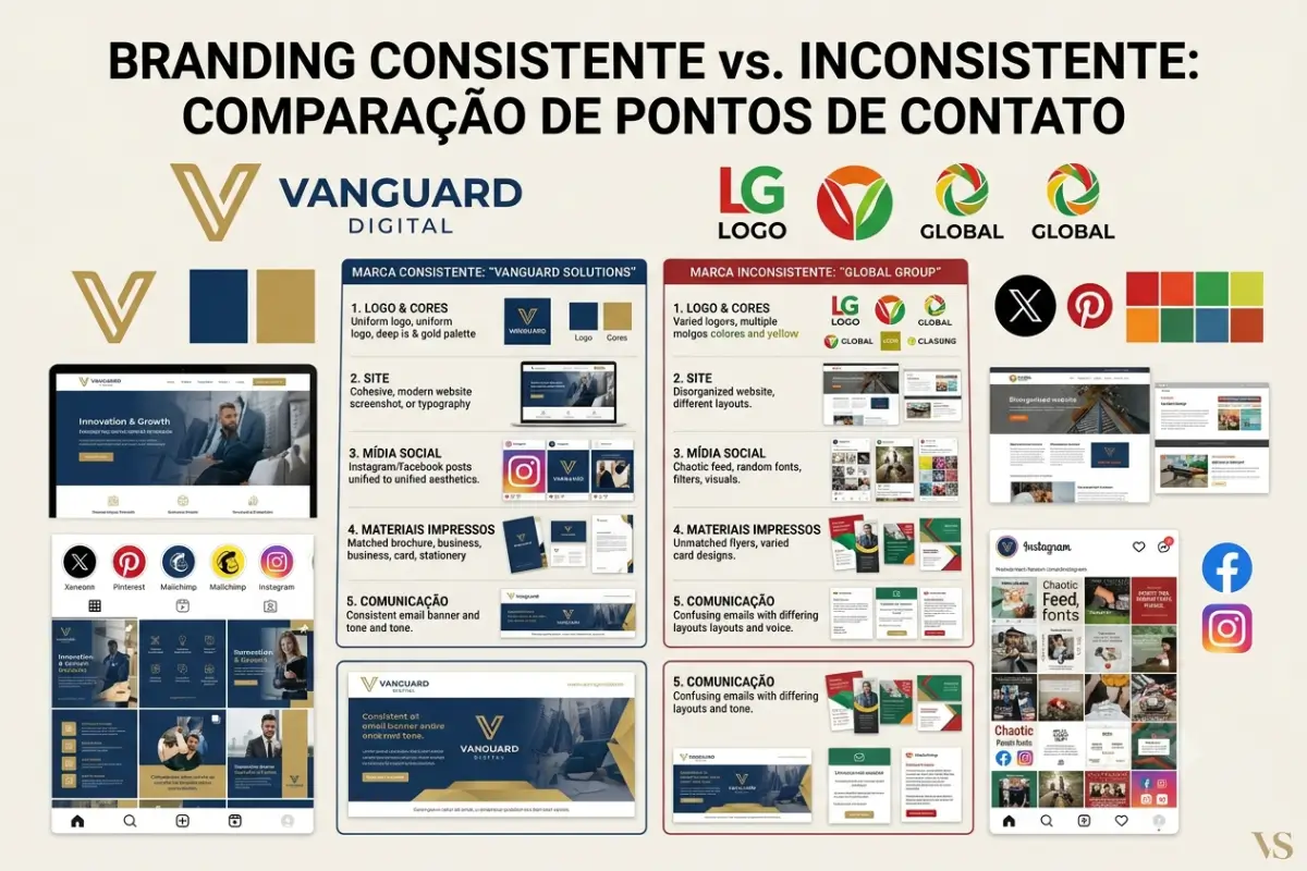 Branding Digital: Como Construir uma Marca Forte na Internet 5 Comparação branding consistente versus inconsistente pontos de contato digital