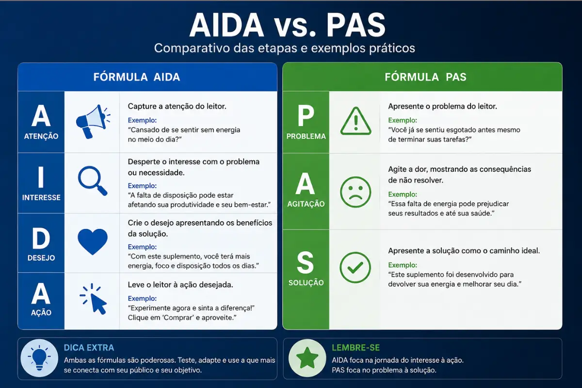 Fórmulas de Copywriting: 5 Exemplos Práticos para Vender Mais 3 Comparação fórmulas copywriting AIDA PAS etapas exemplos