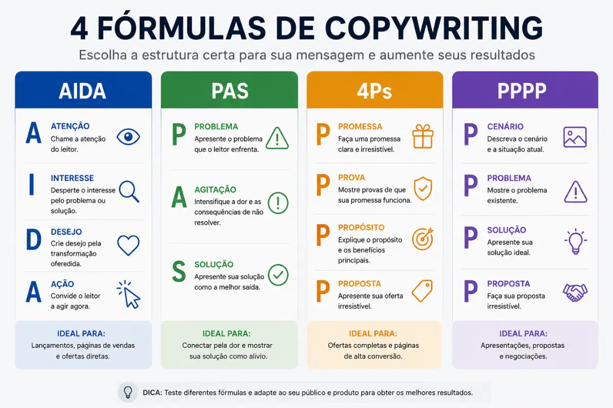 Técnicas de Copywriting: Tudo o Que Você Precisa Saber Para Começar 5 Comparação formulas copywriting aida pas 4ps