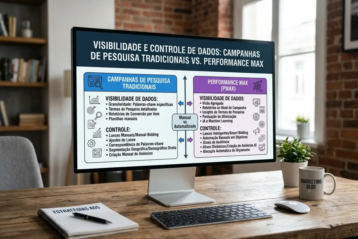 Google Ads: O Guia Definitivo para Anunciar e Vender Mais 7 Comparativo Performance Max campanha pesquisa controle transparência dados