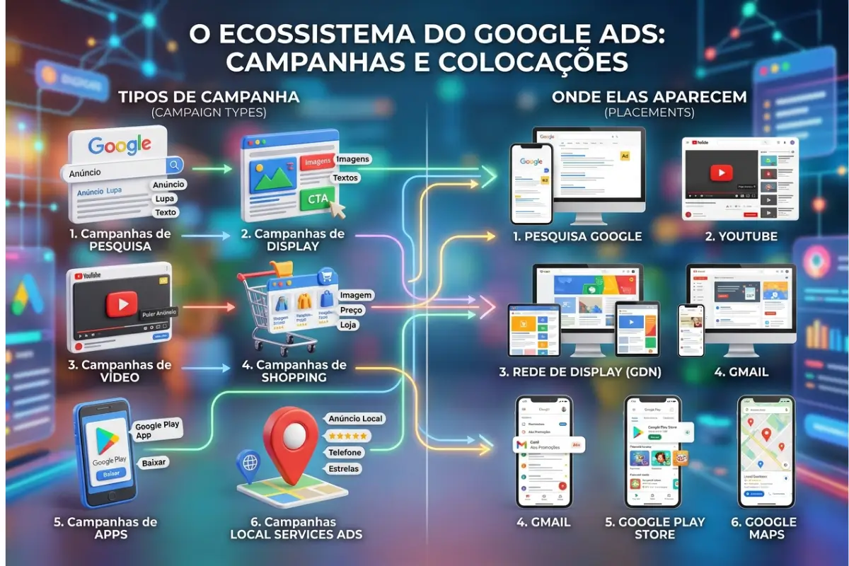 Google Ads: O Guia Definitivo para Anunciar e Vender Mais 2 Ecossistema Google Ads tipos de campanha rede pesquisa display shopping