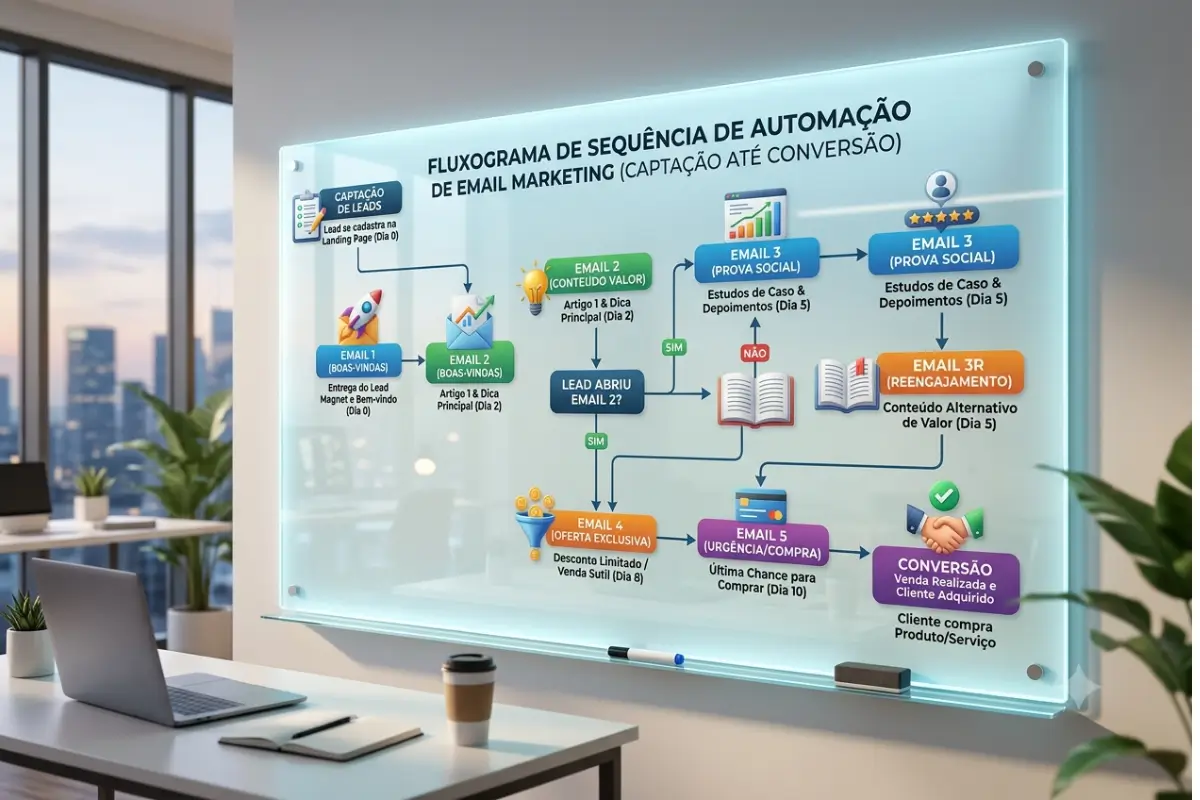 Email Marketing: O Guia Definitivo para Criar Listas e Vender Mais 3 Fluxograma automação email marketing sequência captação conversão