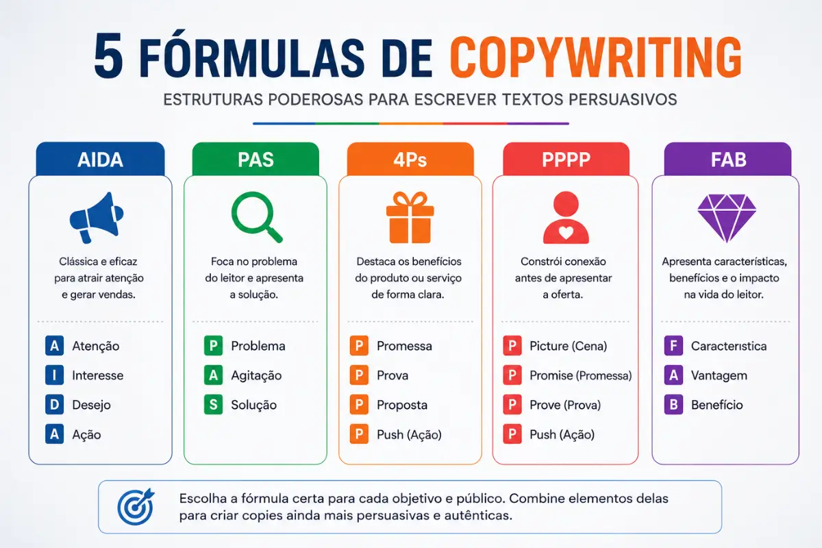 Fórmulas de Copywriting: 5 Exemplos Práticos para Vender Mais 2 Fórmulas de copywriting AIDA PAS 4Ps antes depois ponte FAB