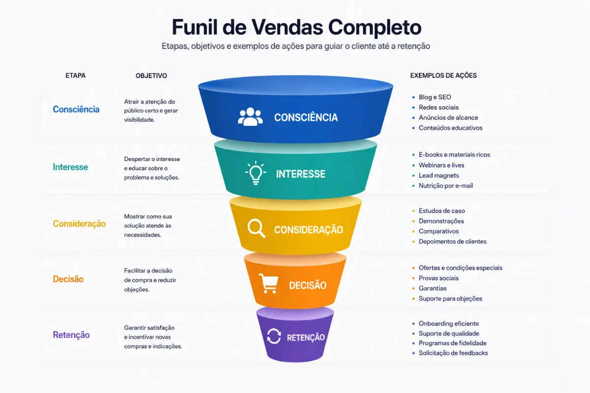 Funil de Vendas: O Guia Completo para Criar, Otimizar e Escalar suas Conversões (2026) 2 Funil de vendas etapas consciência interesse consideração decisão retenção