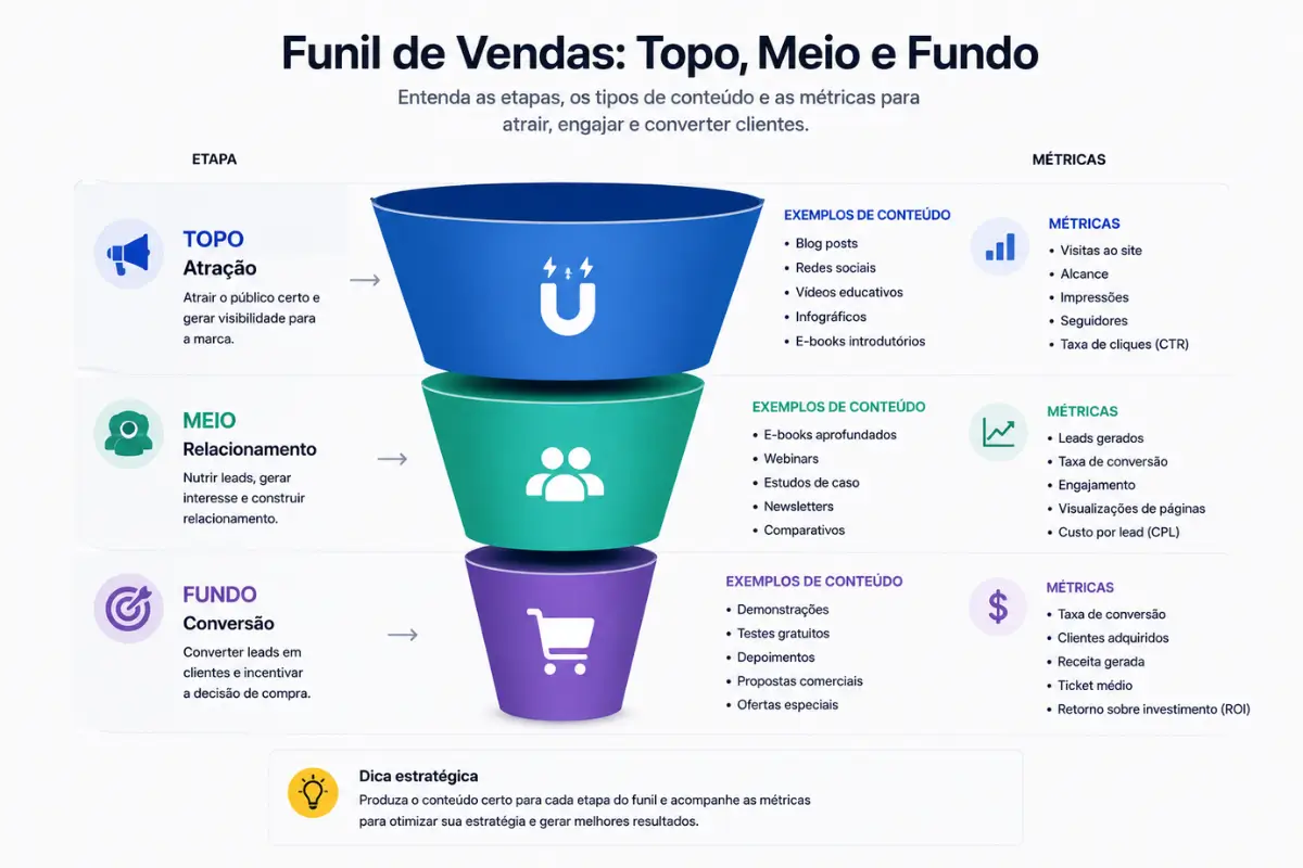 Funil de Vendas: O Guia Completo para Criar, Otimizar e Escalar suas Conversões (2026) 3 Funil de vendas topo meio fundo conteúdo métricas etapas