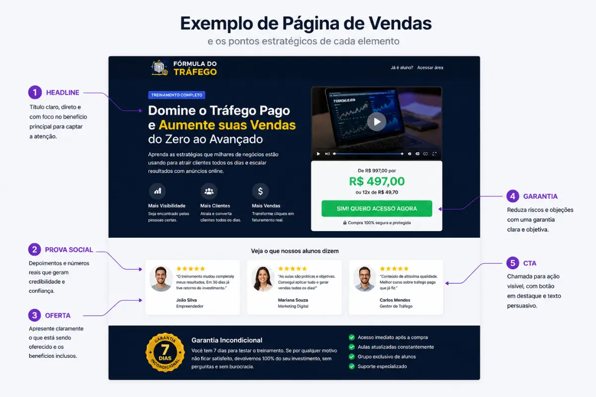 Funil de Vendas: O Guia Completo para Criar, Otimizar e Escalar suas Conversões (2026) 5 Página de venda funil de vendas elementos estratégicos anotados