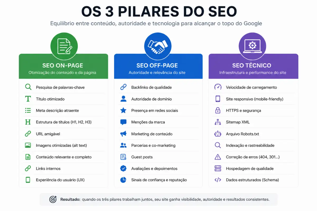 O Que É SEO? Entenda Como o Google Escolhe o 1º Lugar 4 Pilares SEO on-page off-page técnico elementos principais