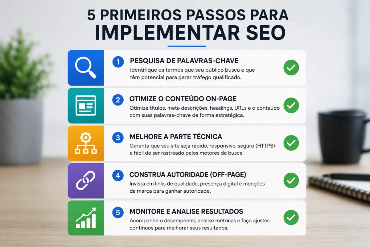 O Que É SEO? Entenda Como o Google Escolhe o 1º Lugar 6 Primeiros passos de SEO checklist iniciantes configuração Google Search Console