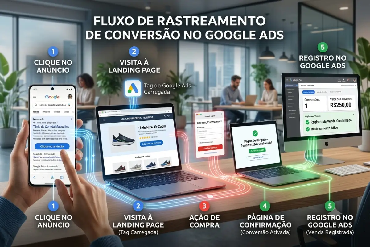 Google Ads: O Guia Definitivo para Anunciar e Vender Mais 5 Rastreamento conversão Google Ads fluxo clique venda registro