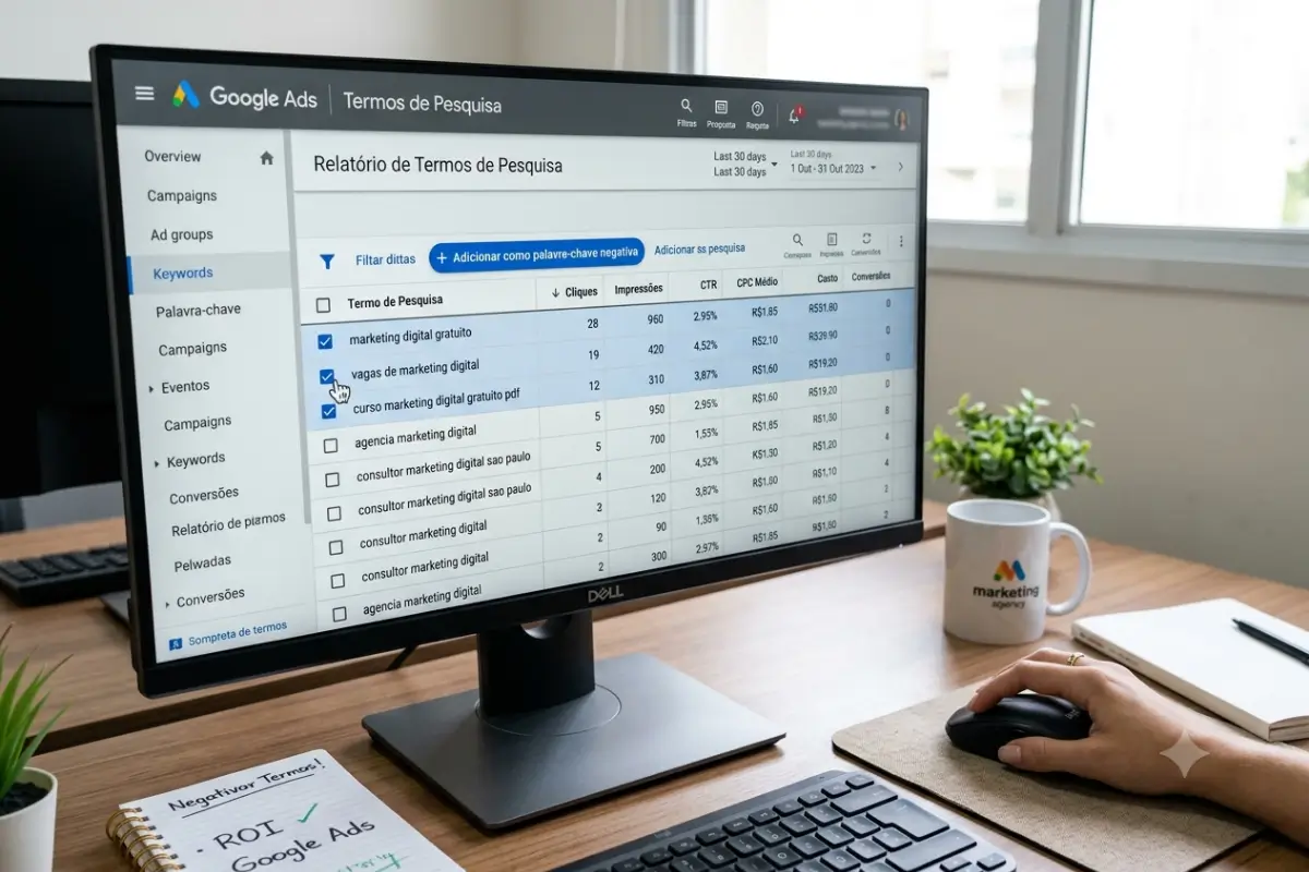 Google Ads: O Guia Definitivo para Anunciar e Vender Mais 4 Relatório termos pesquisa Google Ads palavras-chave negativas identificação