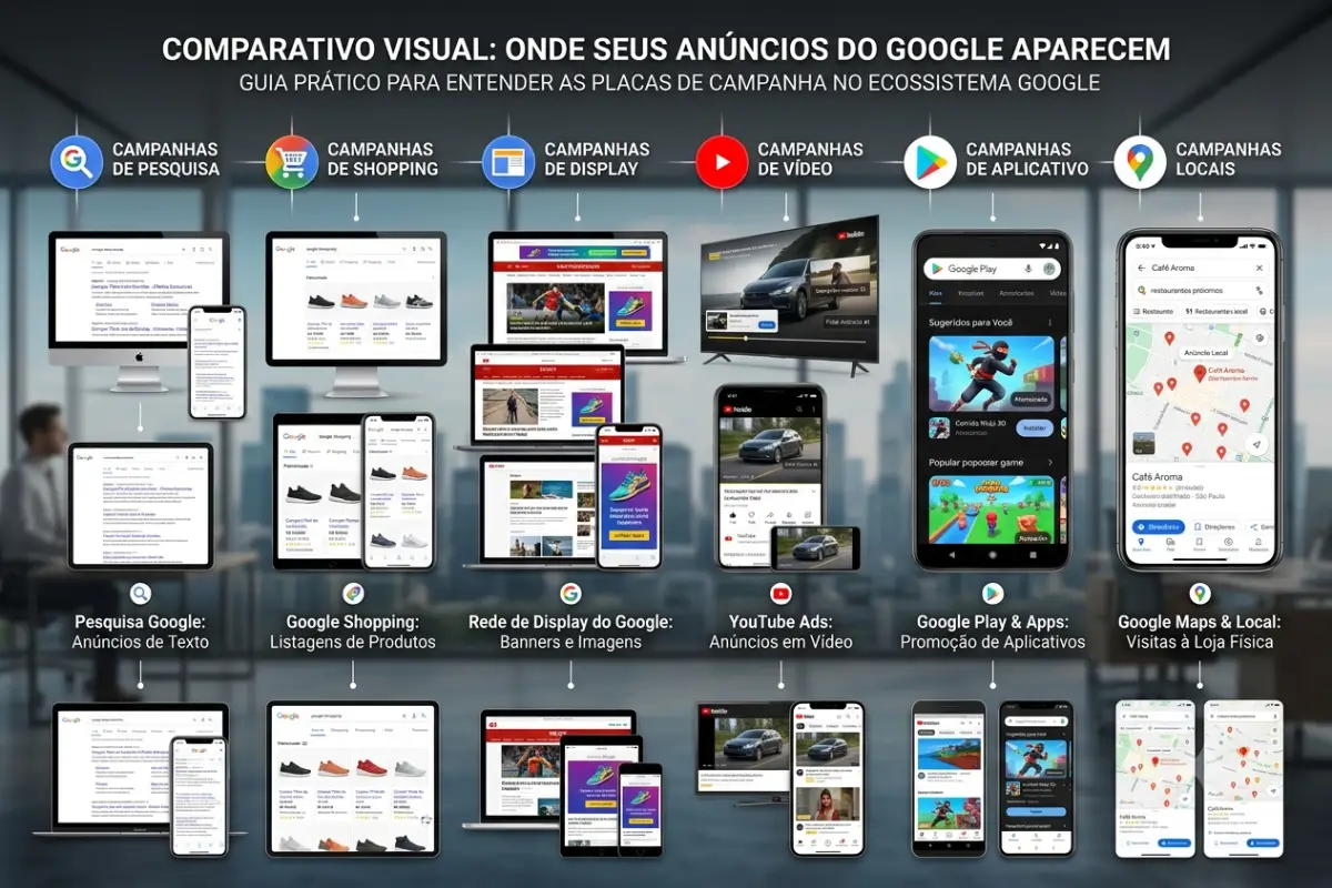 Google Ads: O Guia Definitivo para Anunciar e Vender Mais 3 Tipos campanha Google Ads onde aparecem usuário pesquisa display shopping