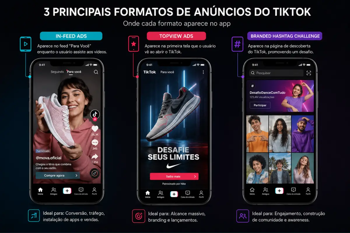 TikTok Ads: Guia de Como Criar Campanhas para Vender Mais 3 Comparativo formatos TikTok Ads In-Feed Spark TopView posicionamento interface