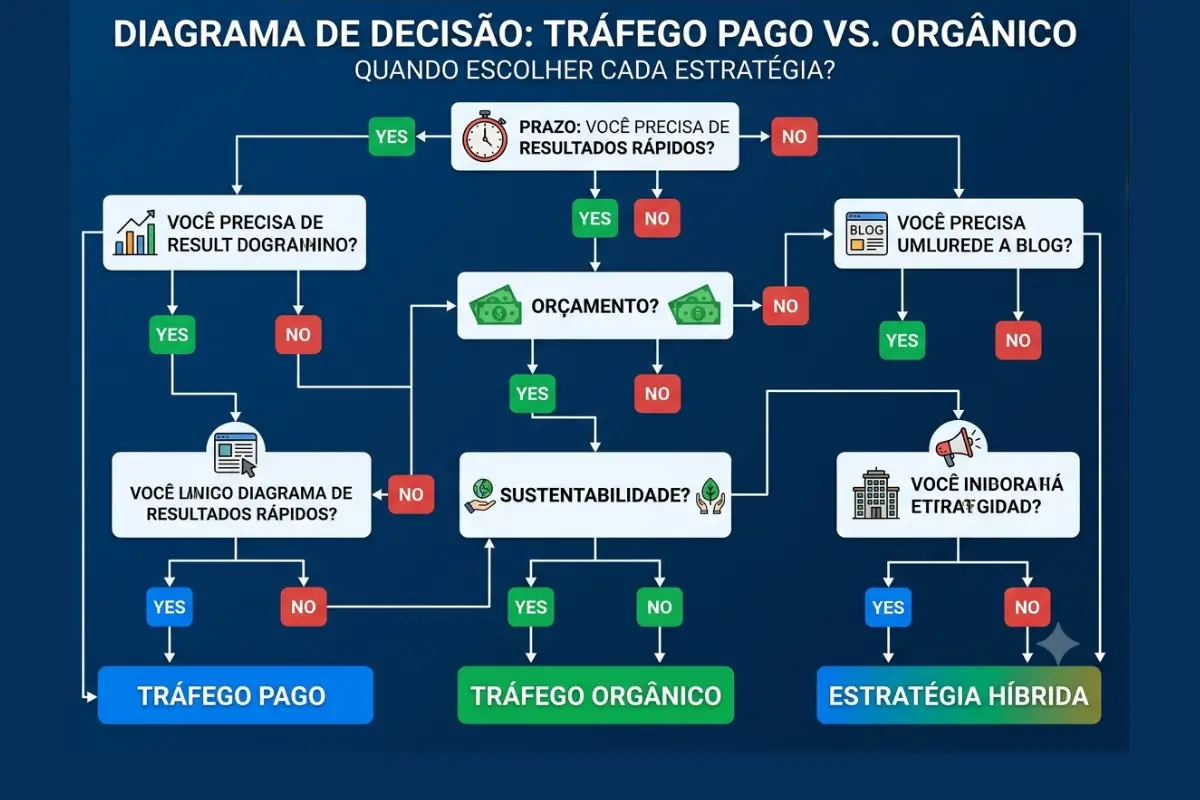 Tráfego Pago ou Orgânico: Qual Vale Mais a Pena em 2026? 4 Diagrama decisão tráfego pago versus orgânico quando usar cada canal