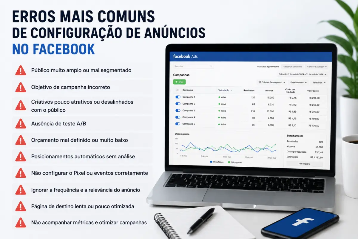 Anúncios no Facebook: Quanto Custa e Qual o Mínimo para Investir? 4 Erros comuns configuração anúncios Facebook Meta Ads custos elevados