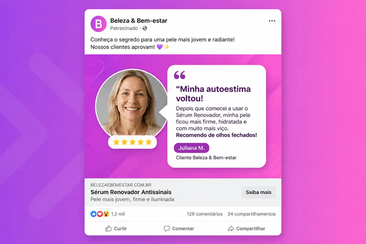 Anunciar no Facebook: 5 Exemplos Práticos Que Geram Vendas 4 Exemplo anúncio Facebook infoproduto curso online depoimento prova social